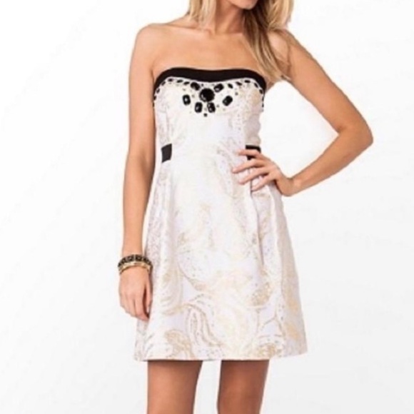 Lilly Pulitzer Gold Black White Christine Strapless Mini Dress Metallic - Picture 2 of 10